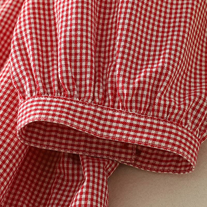 Buddha Stones Spring Plaid Ruffled Crew Neck Design Three Quarter Sleeve Cotton Women's Shirt - image 13