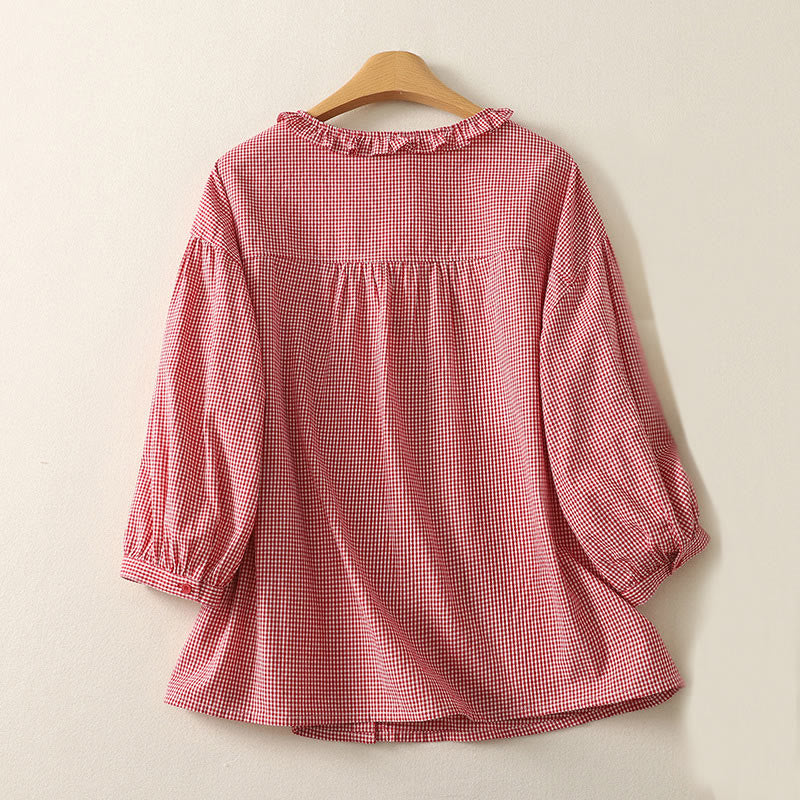 Buddha Stones Spring Plaid Ruffled Crew Neck Design Three Quarter Sleeve Cotton Women's Shirt - image 7