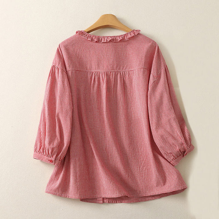Buddha Stones Spring Plaid Ruffled Crew Neck Design Three Quarter Sleeve Cotton Women's Shirt - image 7