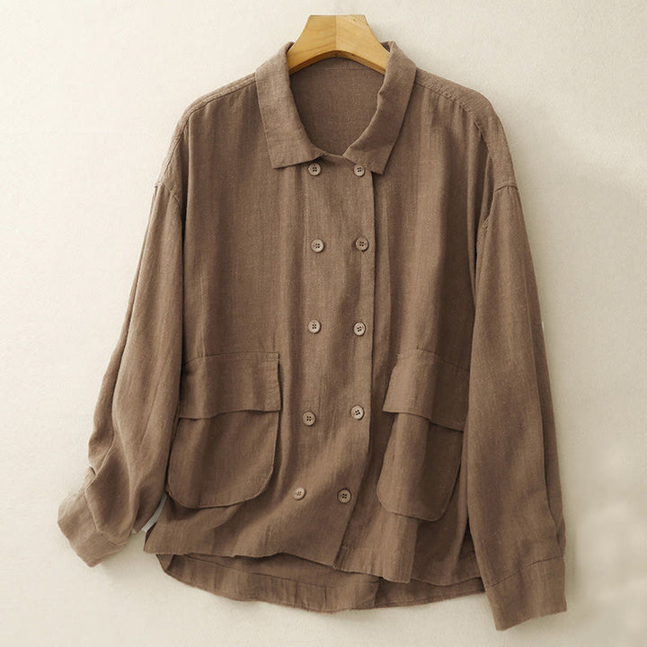 Buddha Stones Double‑Breasted Design Long Sleeve Women's Cotton Linen Jacket With Pockets - Peru - US14，UK/AU18，EU46 (2XL) - image 1