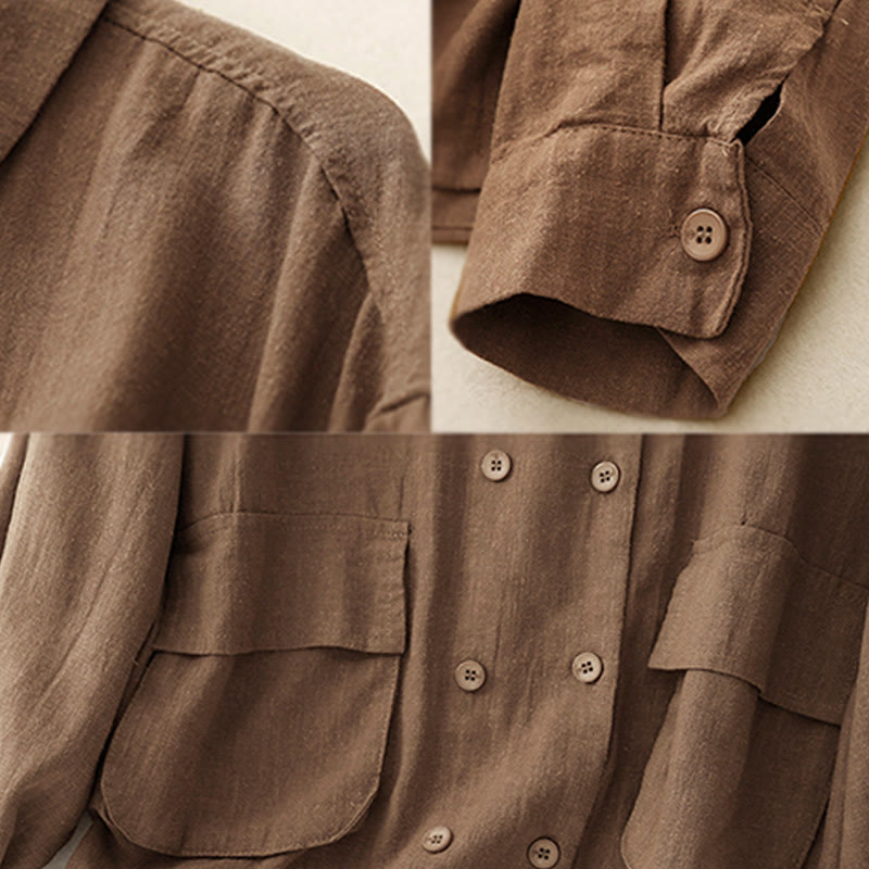 Buddha Stones Double‑Breasted Design Long Sleeve Women's Cotton Linen Jacket With Pockets - image 5