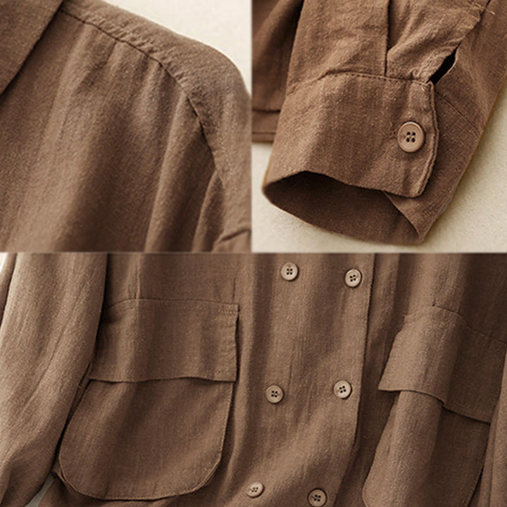 Buddha Stones Double‑Breasted Design Long Sleeve Women's Cotton Linen Jacket With Pockets - image 5