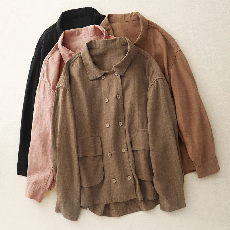Buddha Stones Double‑Breasted Design Long Sleeve Women's Cotton Linen Jacket With Pockets - image 22