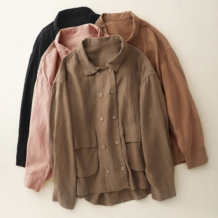 Buddha Stones Double‑Breasted Design Long Sleeve Women's Cotton Linen Jacket With Pockets - image 22