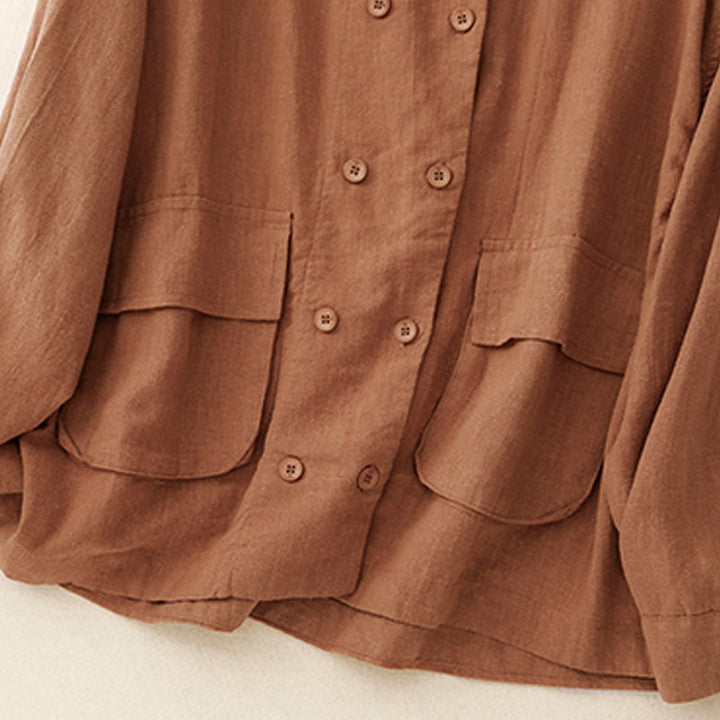 Buddha Stones Double‑Breasted Design Long Sleeve Women's Cotton Linen Jacket With Pockets - image 9