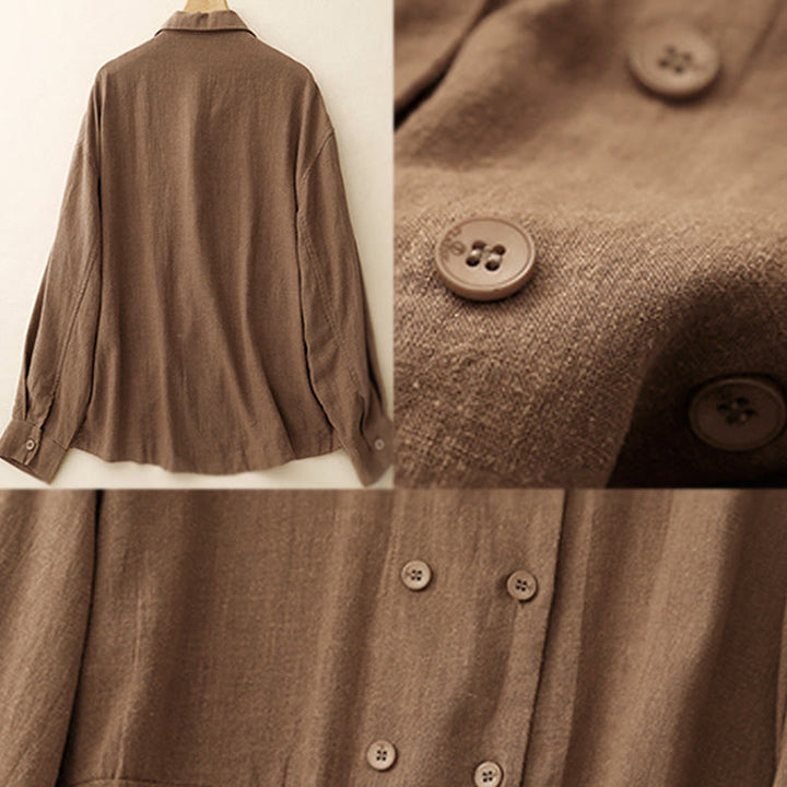 Buddha Stones Double‑Breasted Design Long Sleeve Women's Cotton Linen Jacket With Pockets - image 4