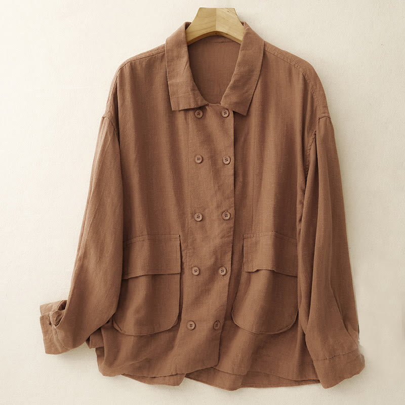 Buddha Stones Double‑Breasted Design Long Sleeve Women's Cotton Linen Jacket With Pockets - Chocolate - US14，UK/AU18，EU46 (2XL) - image 7