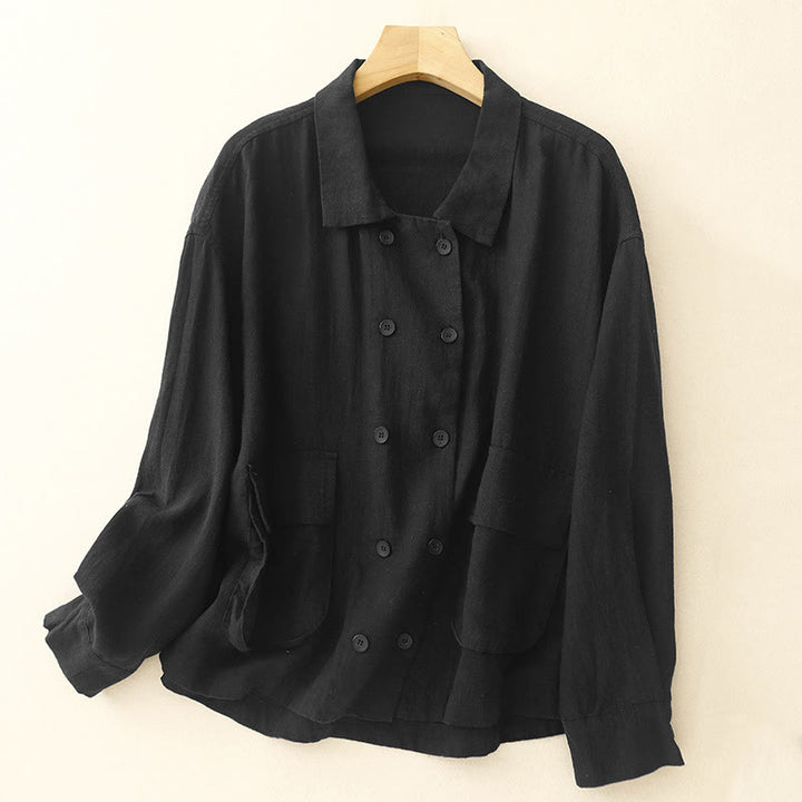 Buddha Stones Double‑Breasted Design Long Sleeve Women's Cotton Linen Jacket With Pockets - Black - US14，UK/AU18，EU46 (2XL) - image 12