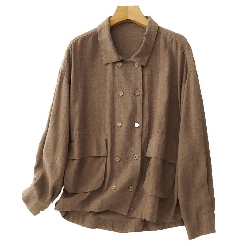 Buddha Stones Double‑Breasted Design Long Sleeve Women's Cotton Linen Jacket With Pockets - image 6