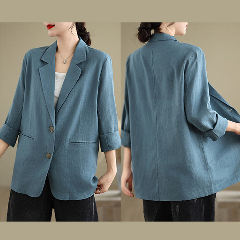Buddha Stones Spring Solid Color Long Sleeve Cotton Linen Women's Jacket With Pockets - image 12
