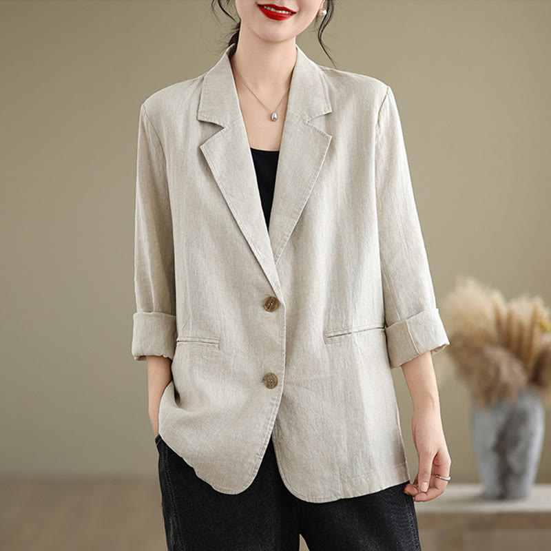 Buddha Stones Spring Solid Color Long Sleeve Cotton Linen Women's Jacket With Pockets - Beige - US8-10，UK/AU12-14，EU40-42 (2XL) - image 1