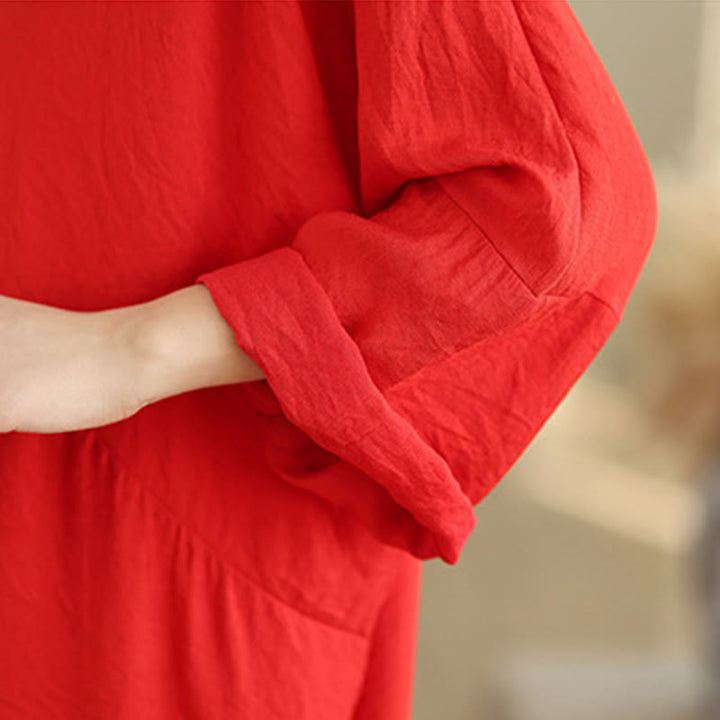 Buddha Stones Fall Pure Color V-Neck Long Sleeve Cotton Midi Dress - image 10