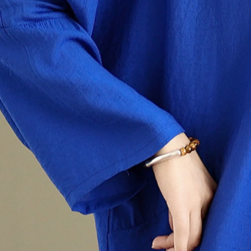 Buddha Stones Fall Pure Color V-Neck Long Sleeve Cotton Midi Dress - image 20