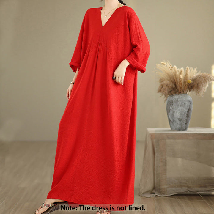 Buddha Stones Fall Pure Color V-Neck Long Sleeve Cotton Midi Dress - image 8