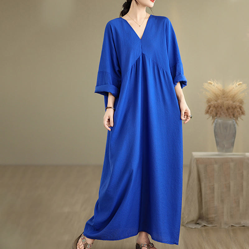 Buddha Stones Fall Pure Color V-Neck Long Sleeve Cotton Midi Dress - image 15