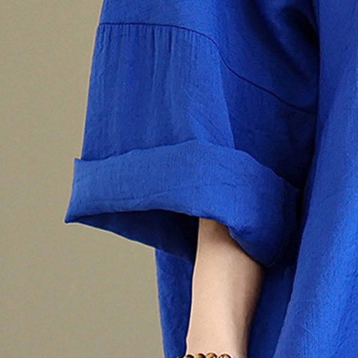 Buddha Stones Fall Pure Color V-Neck Long Sleeve Cotton Midi Dress - image 19