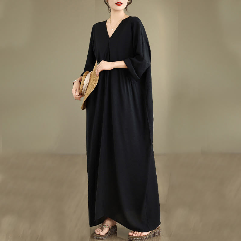 Buddha Stones Fall Pure Color V-Neck Long Sleeve Cotton Midi Dress - image 3
