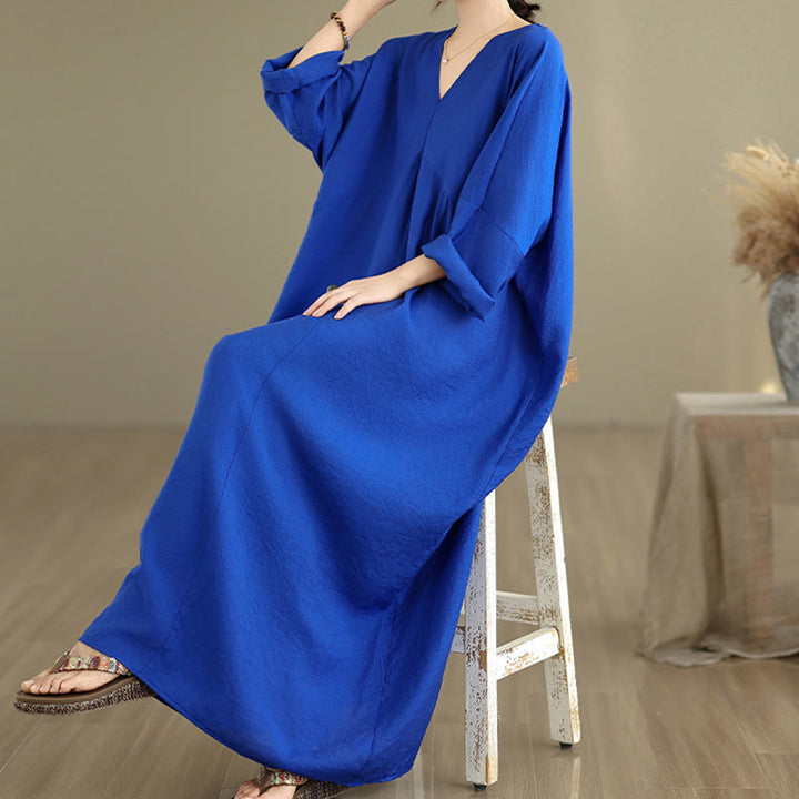 Buddha Stones Fall Pure Color V-Neck Long Sleeve Cotton Midi Dress - image 17