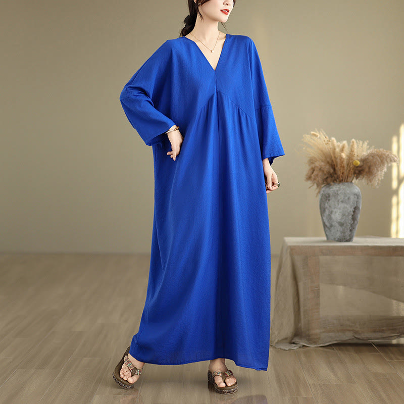 Buddha Stones Fall Pure Color V-Neck Long Sleeve Cotton Midi Dress - Blue - US4-12，UK/AU8-18，EU36-46(F) - image 11