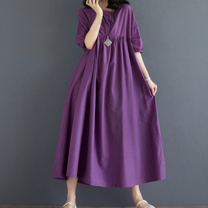 Buddha Stones Casual Solid Color Pleated Design Crew Neck Half Puff Sleeve Cotton Midi Dress - Purple - US14，UK/AU18，EU46 (2XL) - image 1