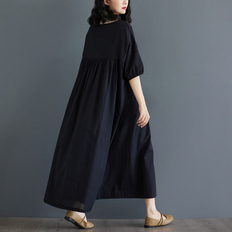 Buddha Stones Casual Solid Color Pleated Design Crew Neck Half Puff Sleeve Cotton Midi Dress - image 36