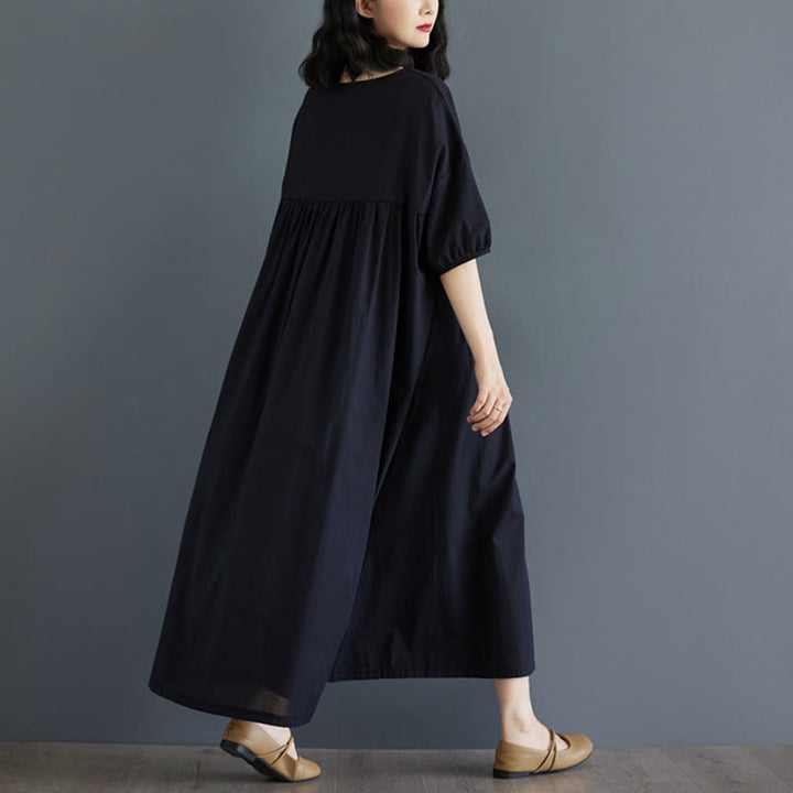 Buddha Stones Casual Solid Color Pleated Design Crew Neck Half Puff Sleeve Cotton Midi Dress - image 36