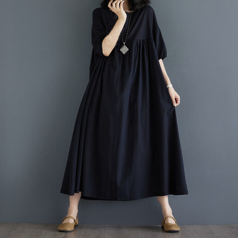Buddha Stones Casual Solid Color Pleated Design Crew Neck Half Puff Sleeve Cotton Midi Dress - Black - US14，UK/AU18，EU46 (2XL) - image 32