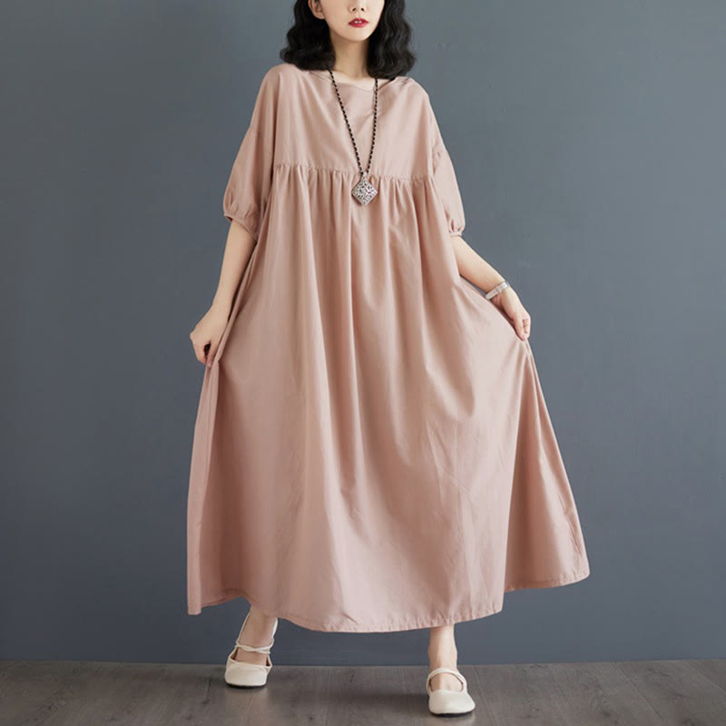 Buddha Stones Casual Solid Color Pleated Design Crew Neck Half Puff Sleeve Cotton Midi Dress - image 44