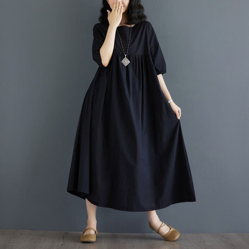 Buddha Stones Casual Solid Color Pleated Design Crew Neck Half Puff Sleeve Cotton Midi Dress - image 34