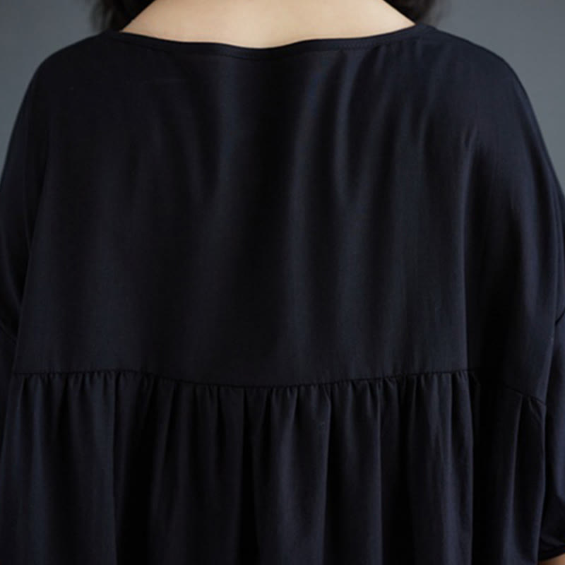 Buddha Stones Casual Solid Color Pleated Design Crew Neck Half Puff Sleeve Cotton Midi Dress - image 38