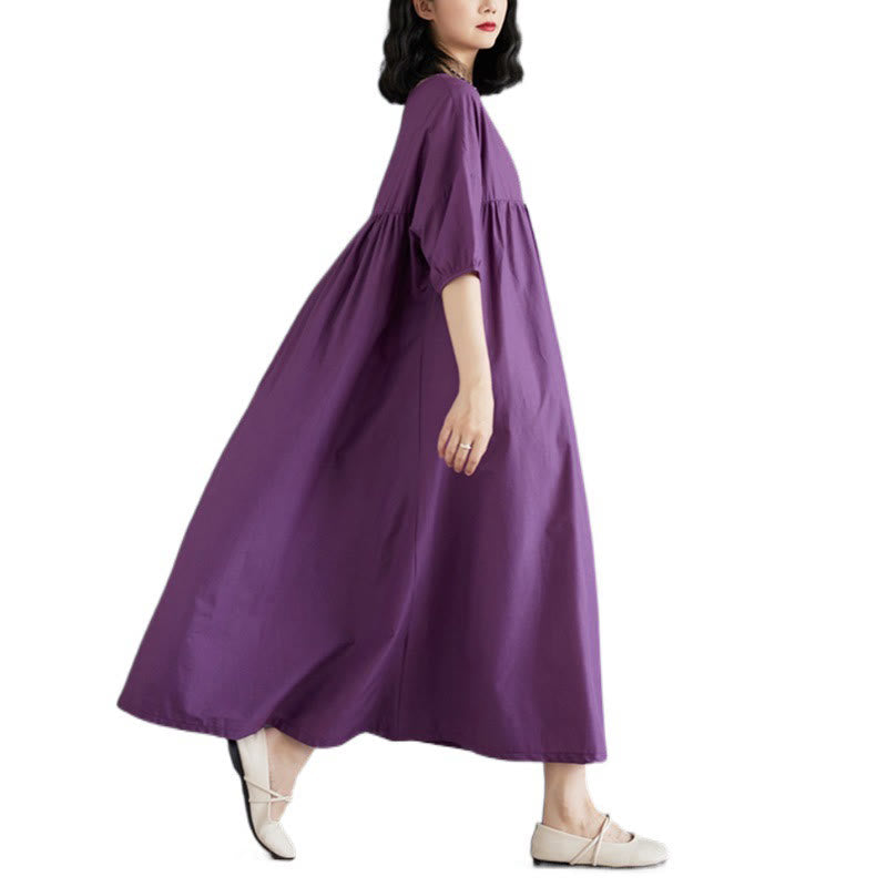 Buddha Stones Casual Solid Color Pleated Design Crew Neck Half Puff Sleeve Cotton Midi Dress - image 6