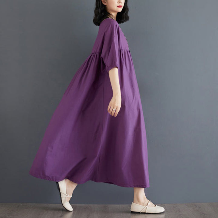 Buddha Stones Casual Solid Color Pleated Design Crew Neck Half Puff Sleeve Cotton Midi Dress - image 3