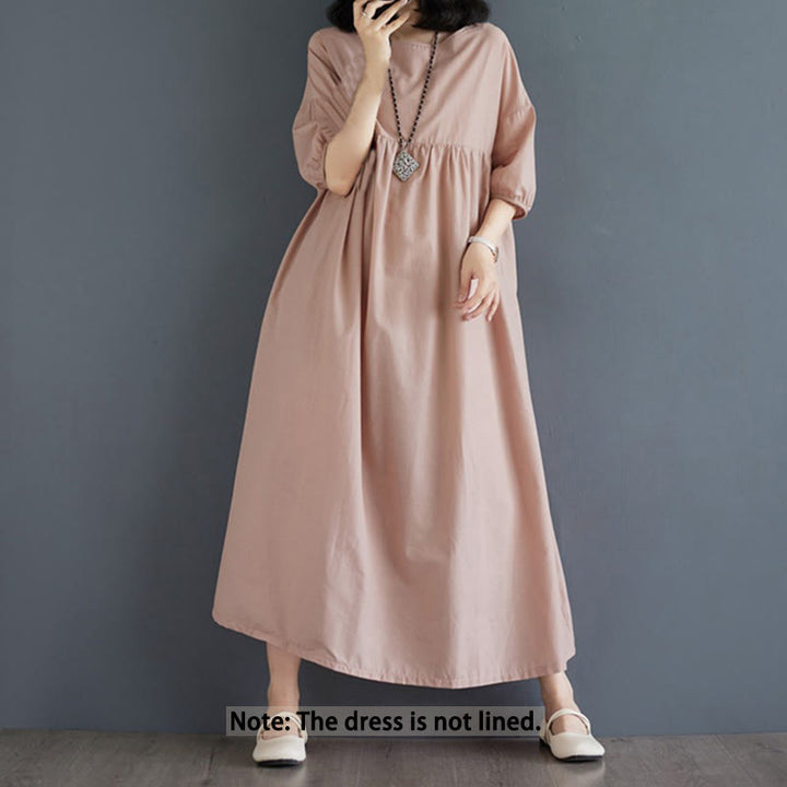 Buddha Stones Casual Solid Color Pleated Design Crew Neck Half Puff Sleeve Cotton Midi Dress - image 42