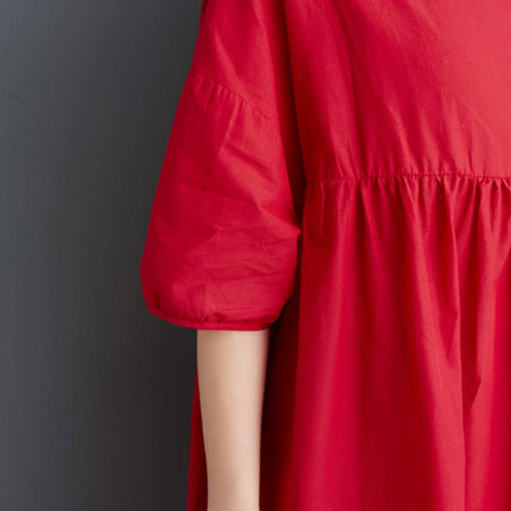 Buddha Stones Casual Solid Color Pleated Design Crew Neck Half Puff Sleeve Cotton Midi Dress - image 31