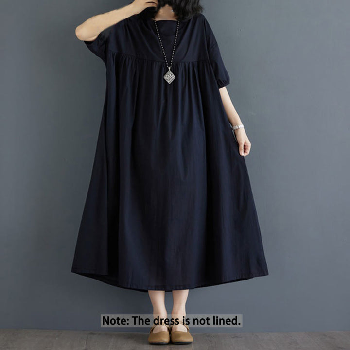 Buddha Stones Casual Solid Color Pleated Design Crew Neck Half Puff Sleeve Cotton Midi Dress - image 33