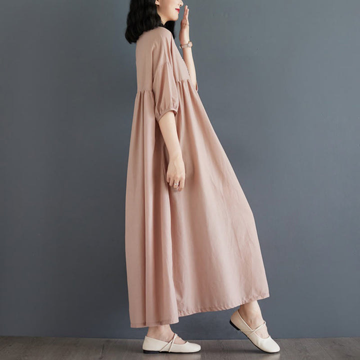 Buddha Stones Casual Solid Color Pleated Design Crew Neck Half Puff Sleeve Cotton Midi Dress - image 45