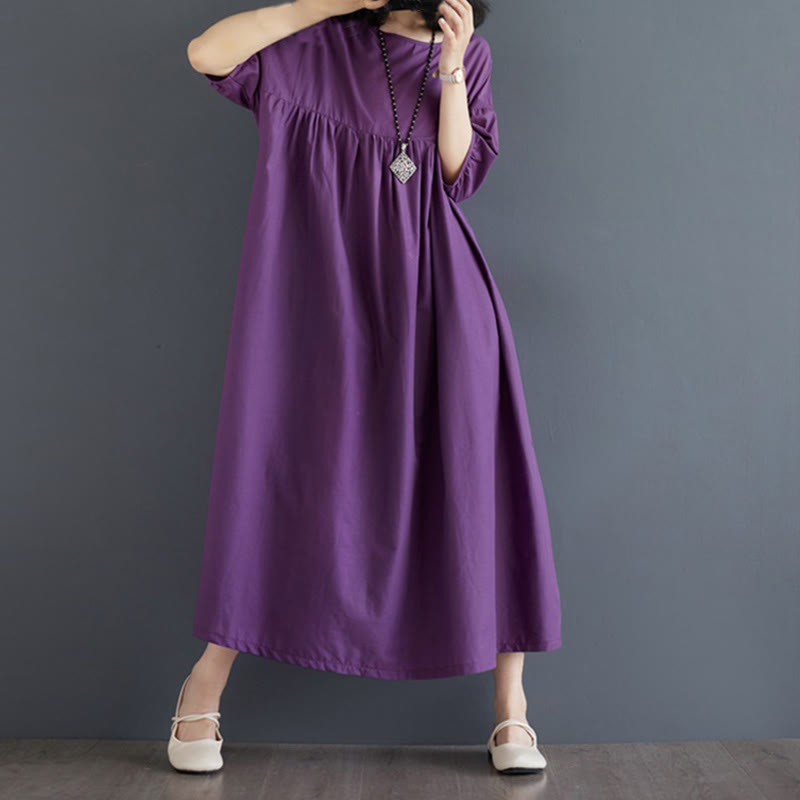 Buddha Stones Casual Solid Color Pleated Design Crew Neck Half Puff Sleeve Cotton Midi Dress - image 4
