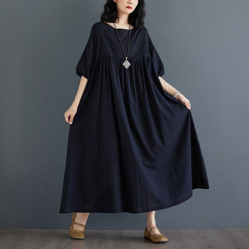 Buddha Stones Casual Solid Color Pleated Design Crew Neck Half Puff Sleeve Cotton Midi Dress - image 35