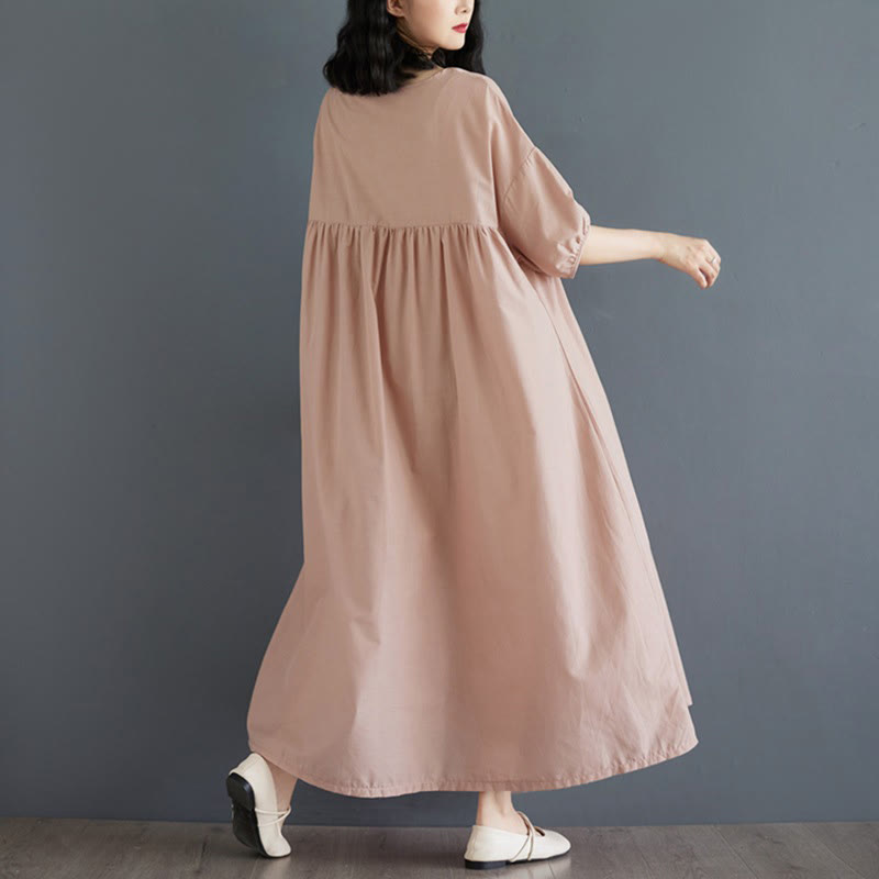 Buddha Stones Casual Solid Color Pleated Design Crew Neck Half Puff Sleeve Cotton Midi Dress - image 46