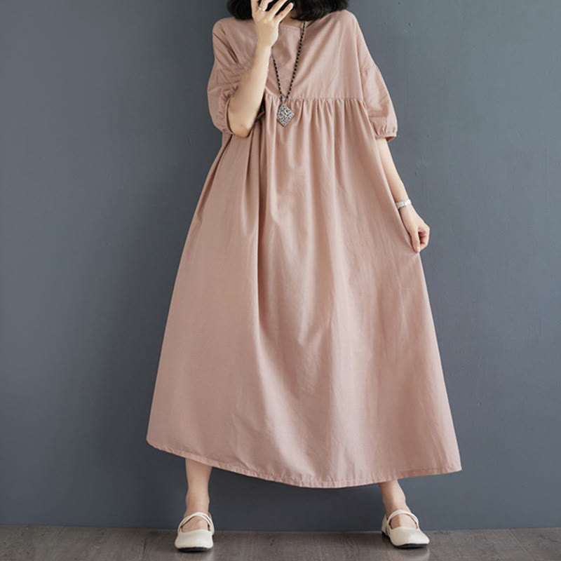 Buddha Stones Casual Solid Color Pleated Design Crew Neck Half Puff Sleeve Cotton Midi Dress - PeachPuff - US14，UK/AU18，EU46 (2XL) - image 41