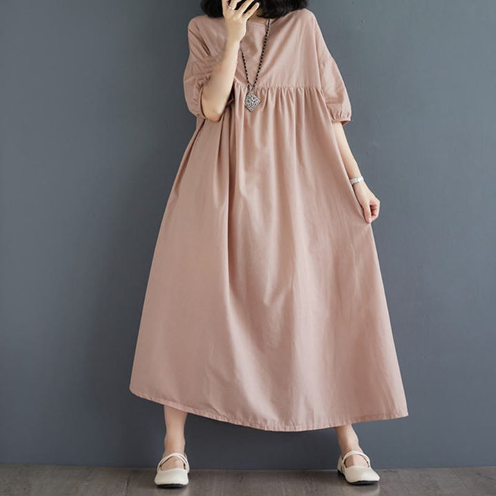 Buddha Stones Casual Solid Color Pleated Design Crew Neck Half Puff Sleeve Cotton Midi Dress - PeachPuff - US14，UK/AU18，EU46 (2XL) - image 41