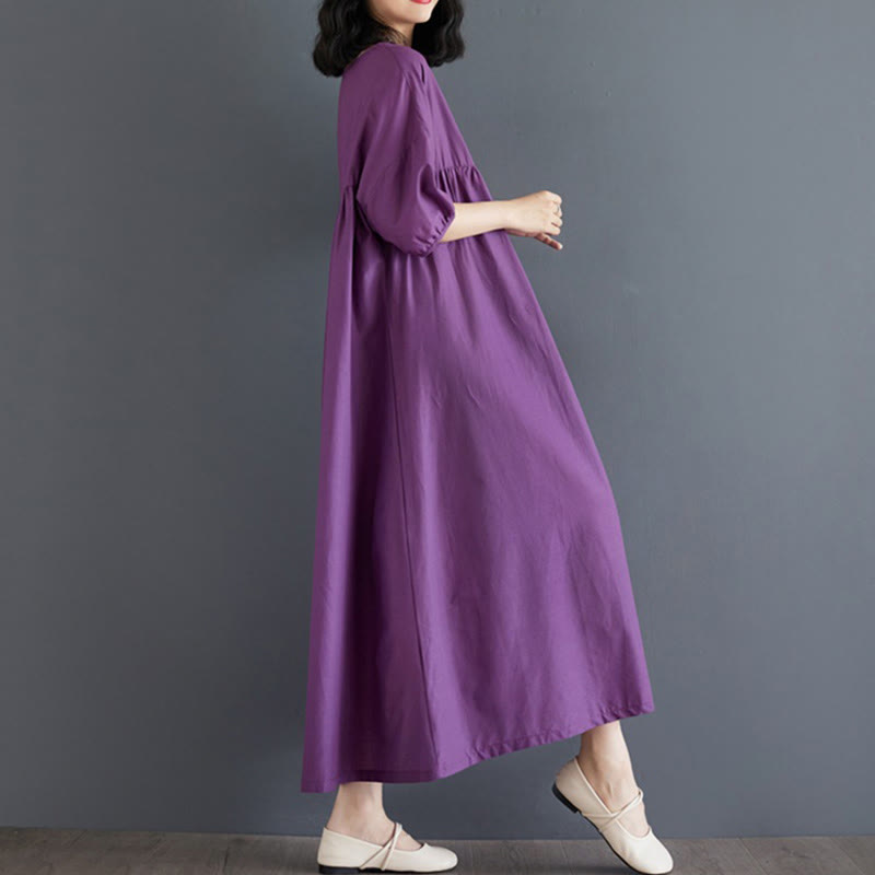 Buddha Stones Casual Solid Color Pleated Design Crew Neck Half Puff Sleeve Cotton Midi Dress - image 5