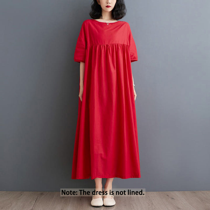 Buddha Stones Casual Solid Color Pleated Design Crew Neck Half Puff Sleeve Cotton Midi Dress - image 22