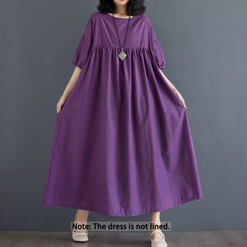 Buddha Stones Casual Solid Color Pleated Design Crew Neck Half Puff Sleeve Cotton Midi Dress - image 2