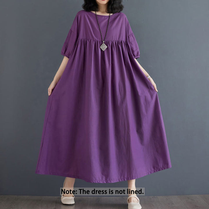Buddha Stones Casual Solid Color Pleated Design Crew Neck Half Puff Sleeve Cotton Midi Dress - image 2