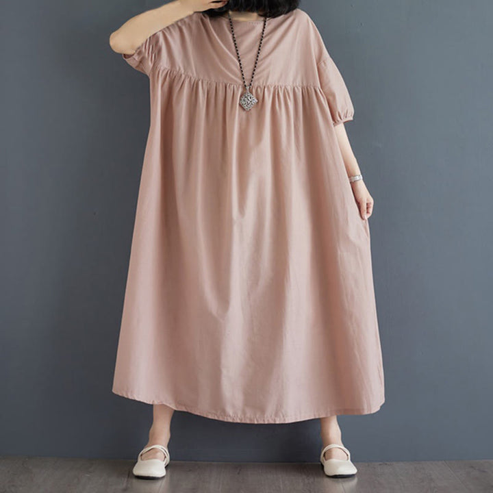 Buddha Stones Casual Solid Color Pleated Design Crew Neck Half Puff Sleeve Cotton Midi Dress - image 43
