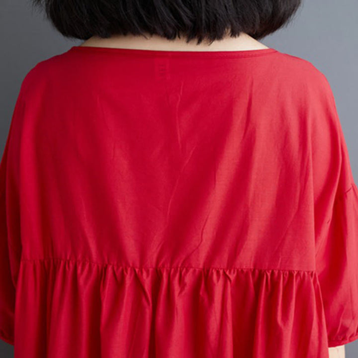 Buddha Stones Casual Solid Color Pleated Design Crew Neck Half Puff Sleeve Cotton Midi Dress - image 30