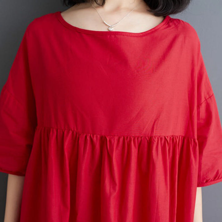 Buddha Stones Casual Solid Color Pleated Design Crew Neck Half Puff Sleeve Cotton Midi Dress - image 29