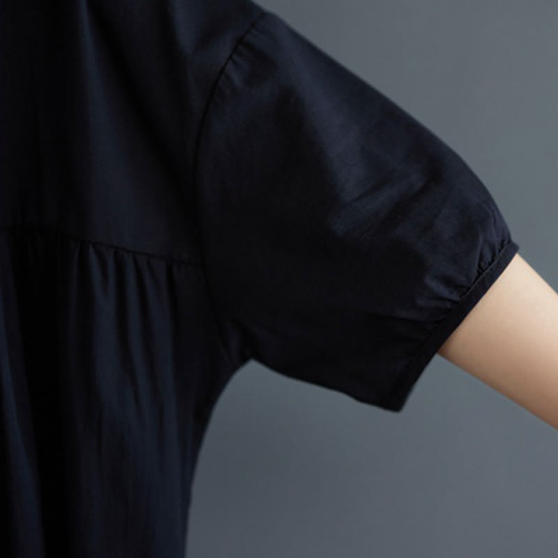 Buddha Stones Casual Solid Color Pleated Design Crew Neck Half Puff Sleeve Cotton Midi Dress - image 39