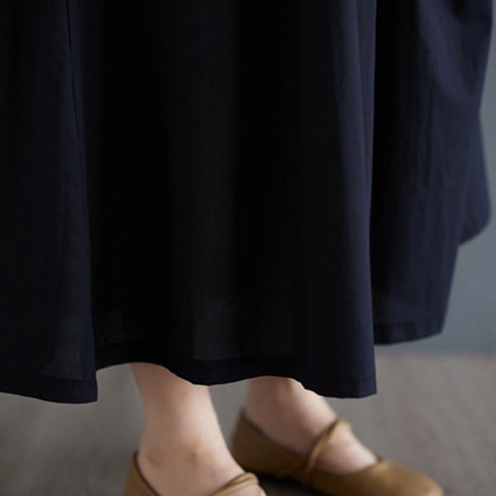 Buddha Stones Casual Solid Color Pleated Design Crew Neck Half Puff Sleeve Cotton Midi Dress - image 40